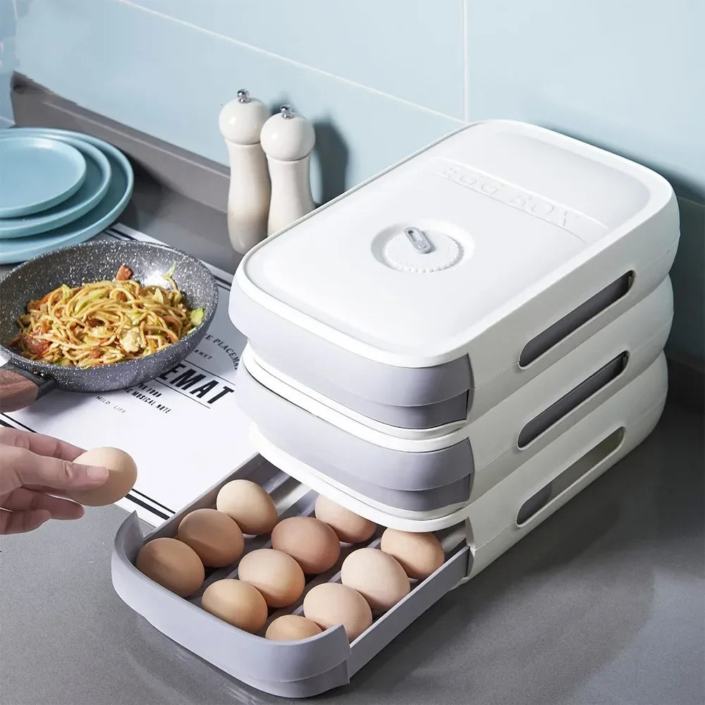 Automatic Rolling Egg Holder Stackable Drawer Storage Box – Space-Saving Refrigerator Kitchen Organizer