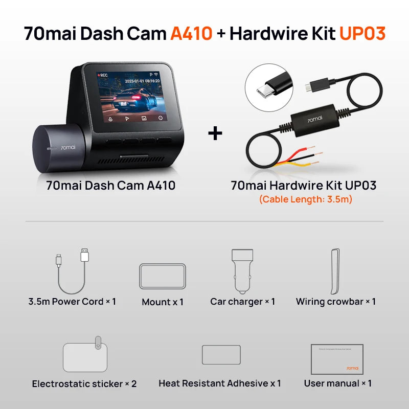 Dash Cam A410 2.5K 1440P Front + 1080P Rear Car DVR – HDR Night Vision, GPS, WiFi App, 24H Parking Monitor