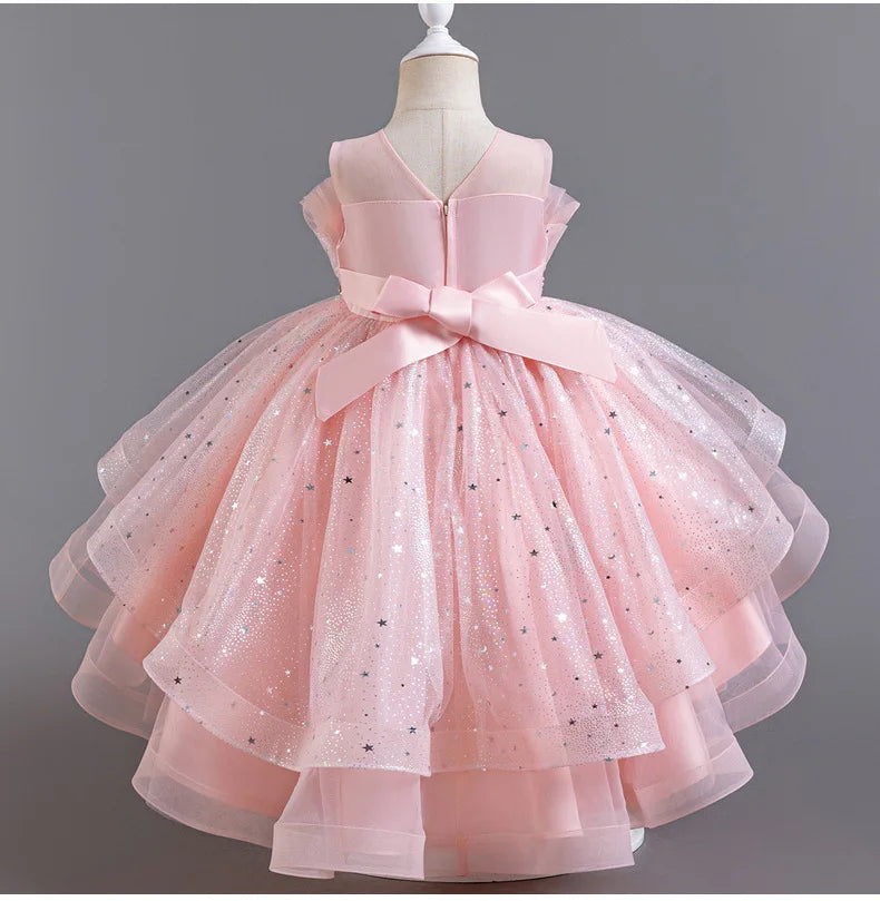 Elegant Girls' Performance Gown - Sleeveless Tulle Dress with Train for Piano Recital & Walk Show