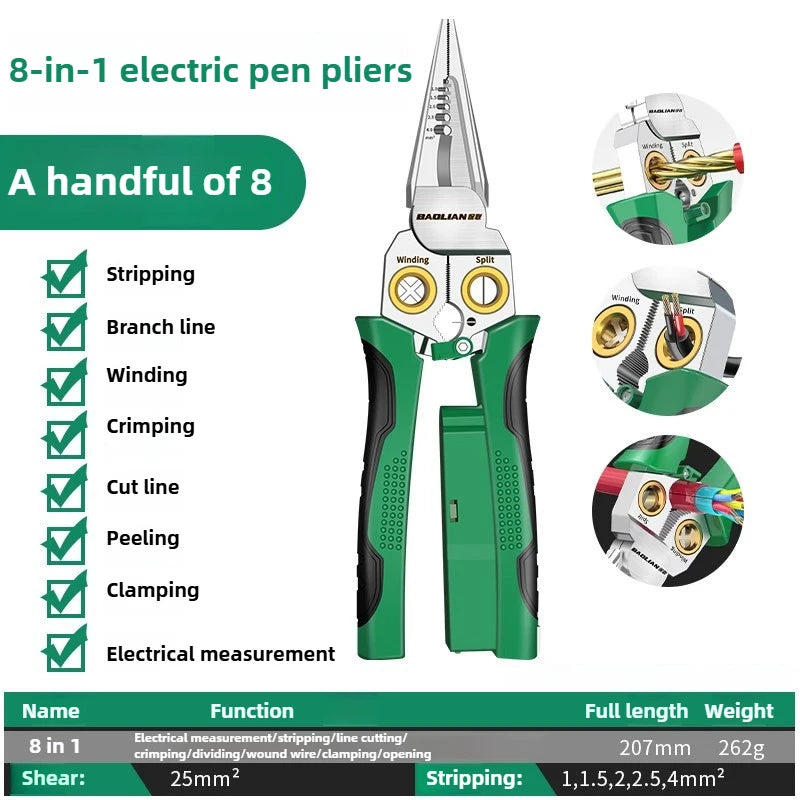 Multifunctional Wire Stripper Electrician's Pliers 8-in-1 Stainless Steel Needle-nose Pliers with Wire Measuring Hand Tools