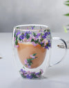 Double Wall Glass Coffee Mugs Double Insulated Glass Cup 350ml Flower Design