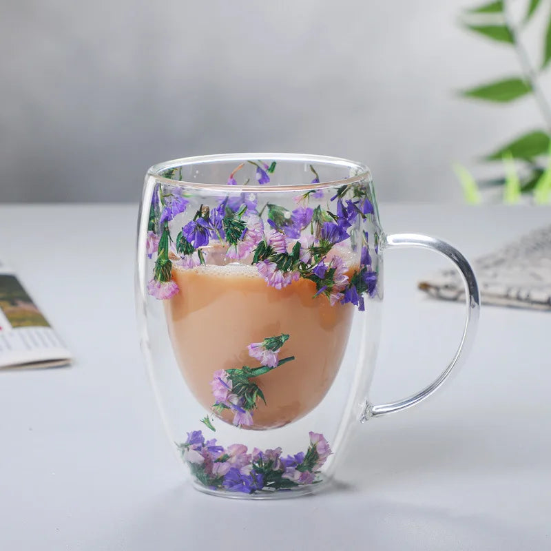 Double Wall Glass Coffee Mugs Double Insulated Glass Cup 350ml Flower Design