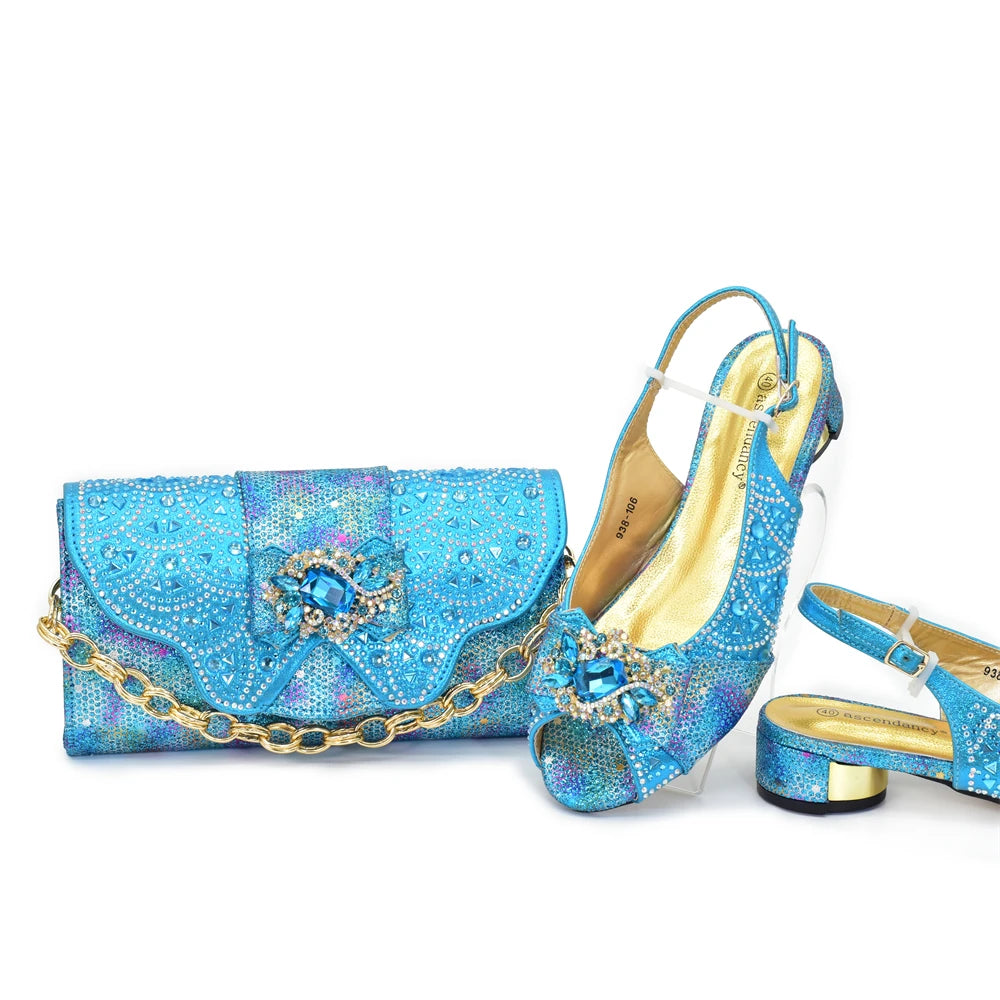 Rhinestone Shoes and Shoulder Bags Low-Heeled Shoes and The Same Style Envelope Bag Nigeria Shoes and Bag Set Italian