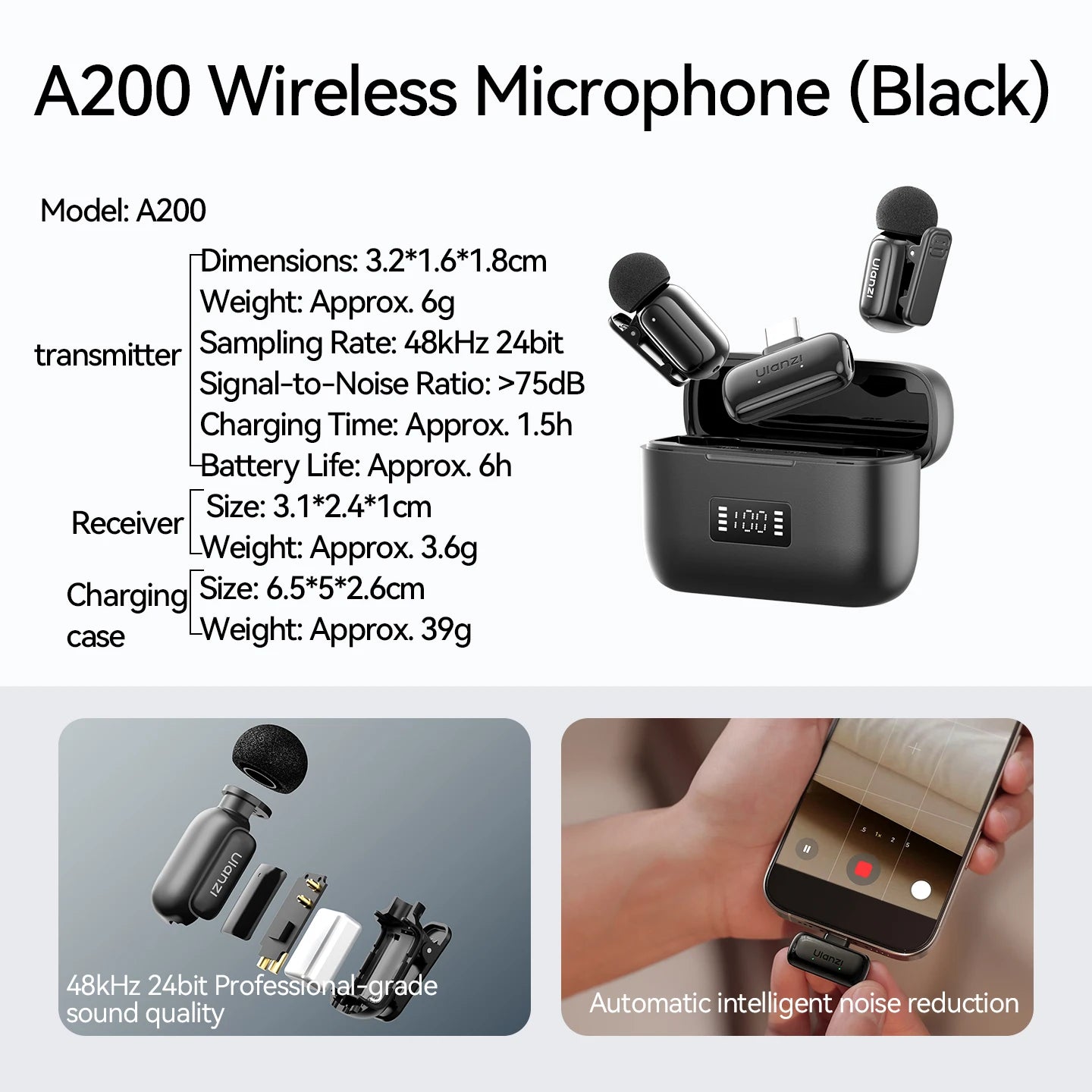 Wireless Lavalier Microphone Dual Mic System for iPhone Android Camera with Live Recording