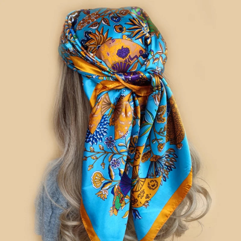Kerchief Silk Satin Neck Scarf Women Print Hijab Female Square Shawls Wraps office Lady muffler bandanna