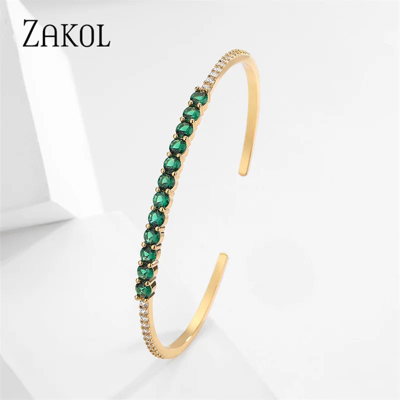 Green Zircon Cuff Bangles Bracelet for Women Oval Cubic Zirconia Gold Color Bracelets