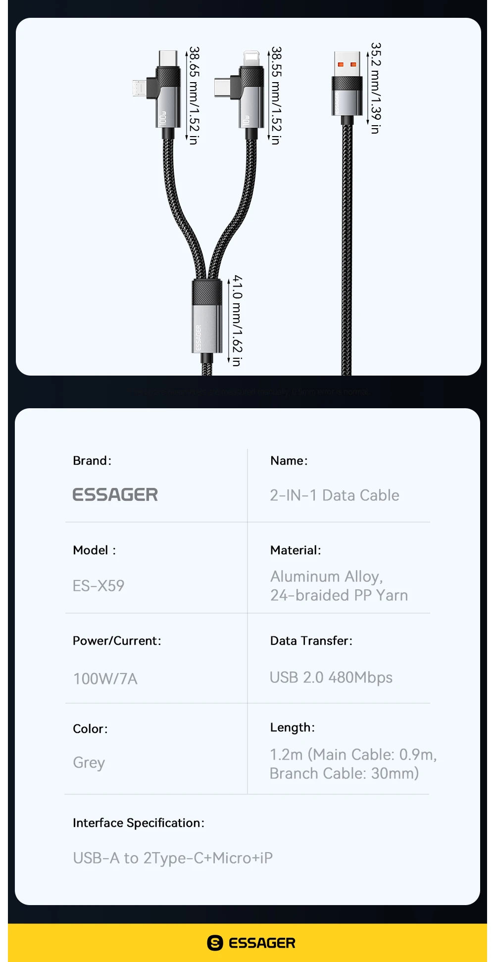 2-in-1 100W Fast Charging Multi Cable (Type-C / Micro / Lightning)