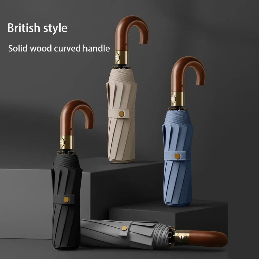 Windproof Automatic Folding Umbrella with UV Protection Curved Handle for Sun and Rain