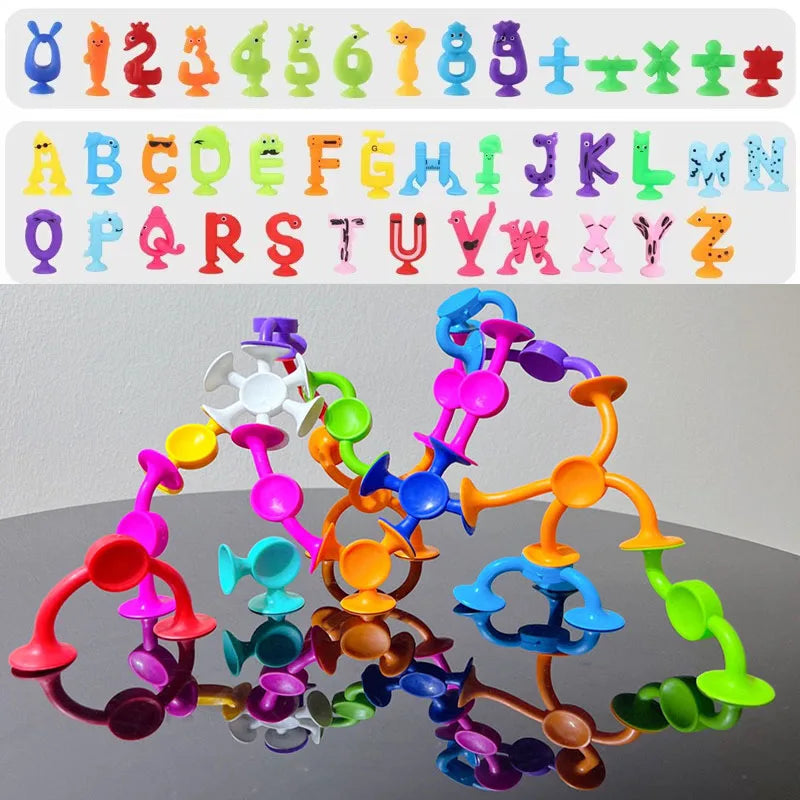 Number Letter Suction Cup Toys Soft Silicone Building Blocks Toy Animal Shape DIY Puzzle Game  Sensory Sucker Bath Toys