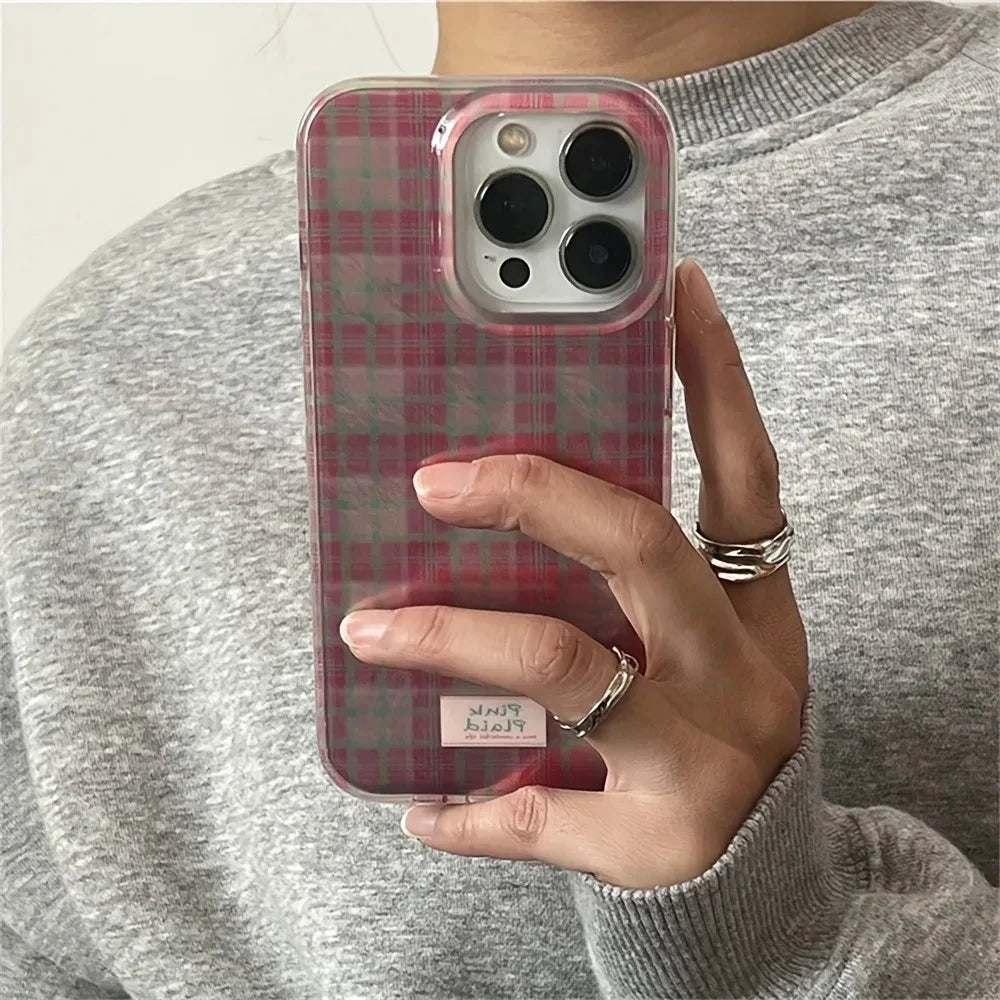 Dopamine Color Block Match Plaid Phone Case For iPhone 17 16 15 14 16E Grid Label Matte Cover