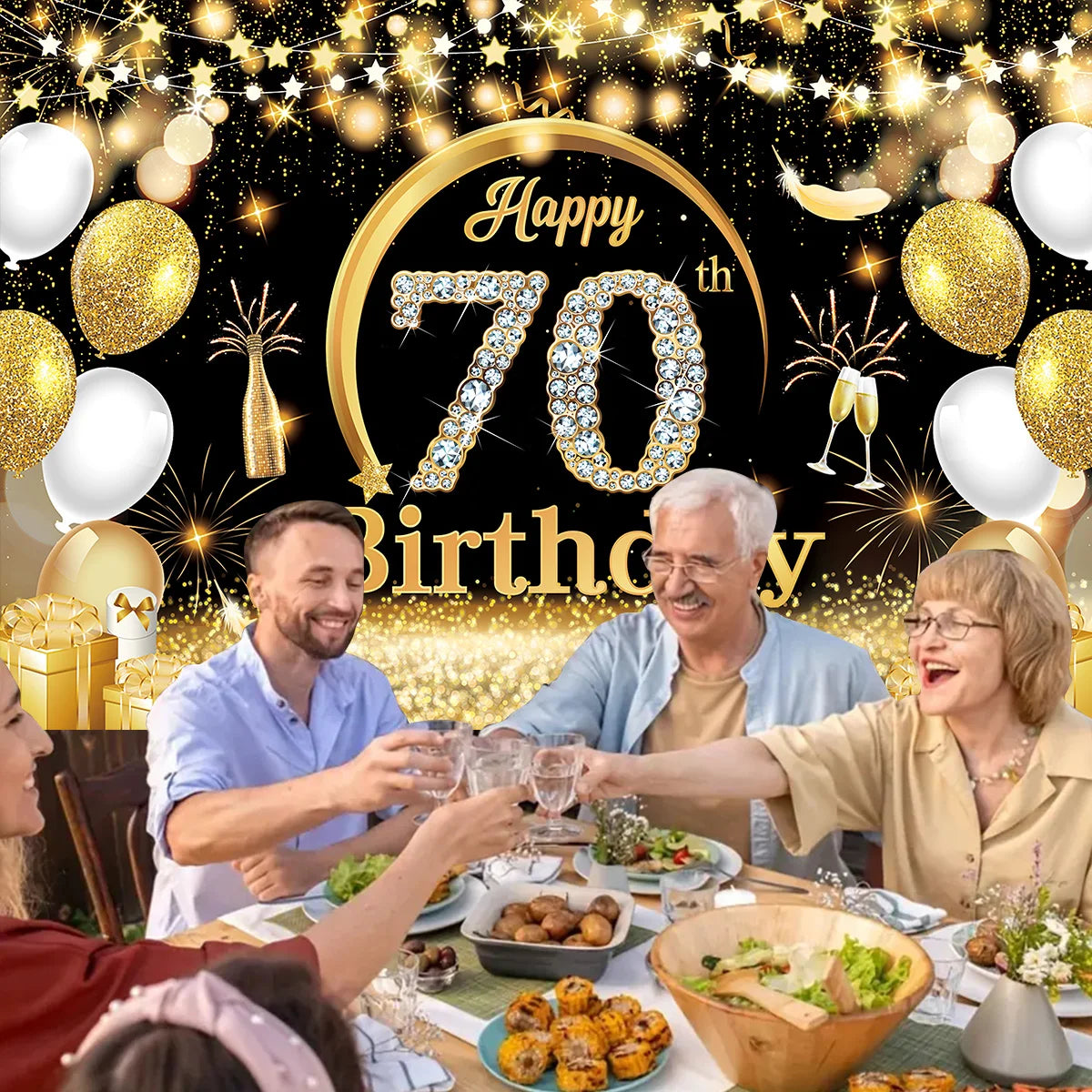 Black Gold Birthday Backdrop Happy 18th 70th Birthday Party Decoration Adult