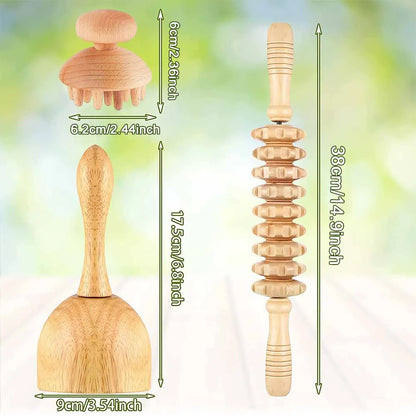 3Pcs Wood Therapy Massage Tools Maderoterapia Kit Wooden Gua Sha Tool Wood Roller Massage Tool Mushroom Massager Anti Cellulite