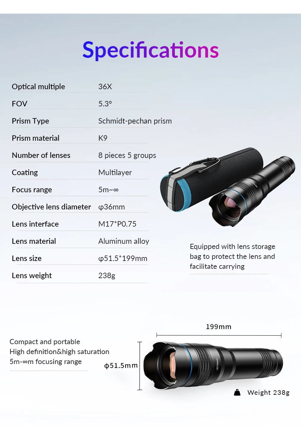 36X Smartphone Telephoto Lens with Tripod and Universal Clip