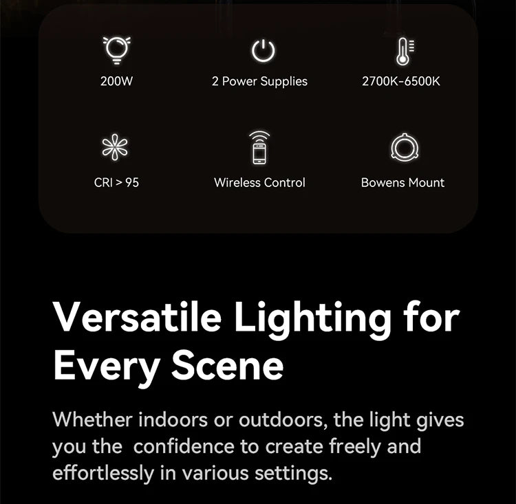 200W Bi-Color LED Video Light – Dimmable, Wireless APP Control, Continuous Studio & Photography Lighting