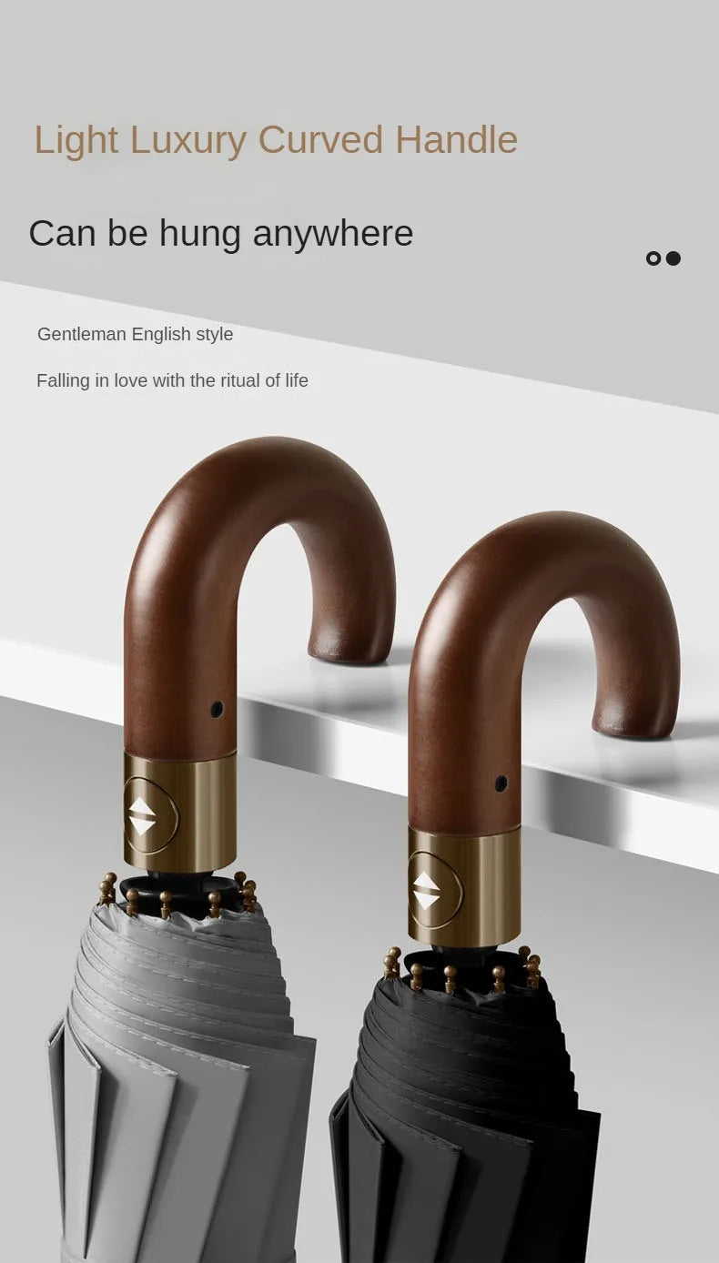 Windproof UV protection casual folding UPF50+automatic umbrella handle curved handle design, stylish design compact sun and rain