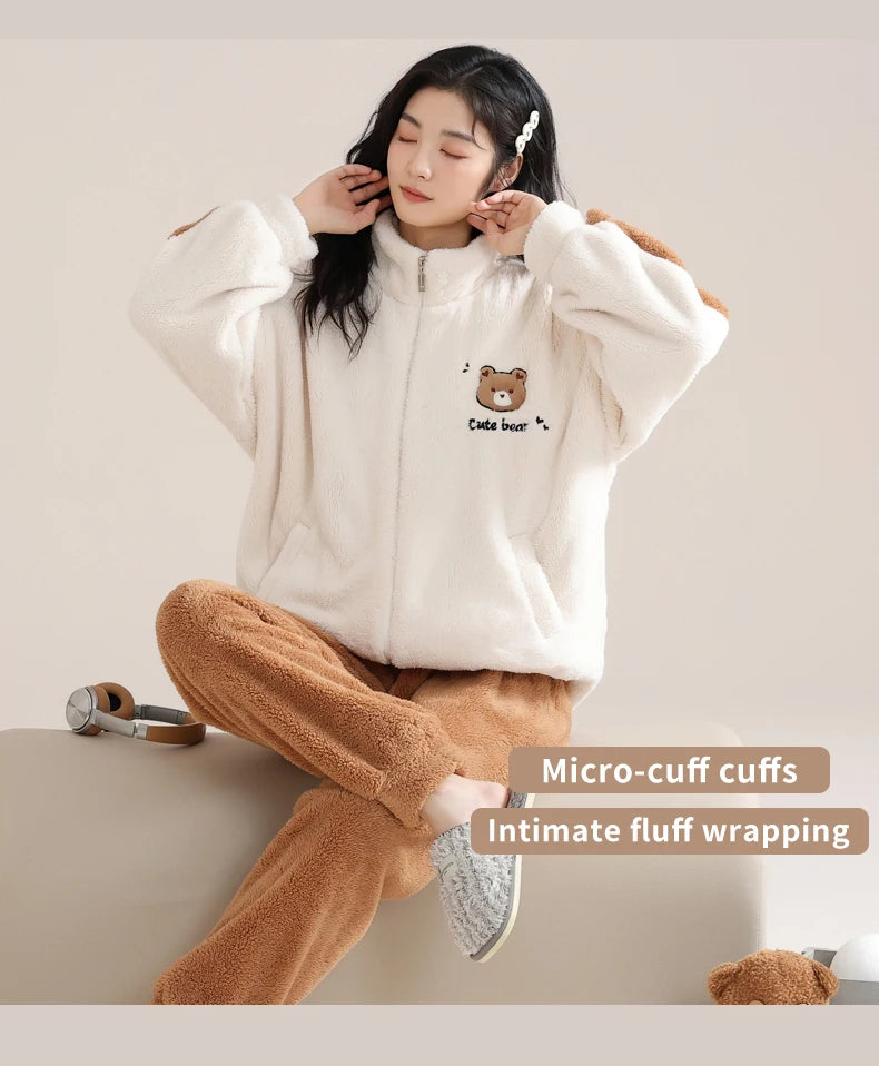 Women’s Christmas Fleece Pajama Set – Warm Flannel Zipper Sleepwear, Thick Coral Velvet