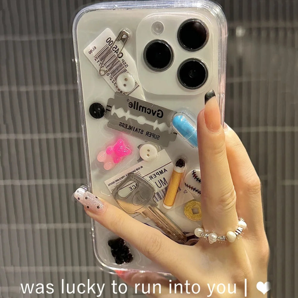 INS Junk Blade Pin Button Key Clear Phone Case For iPhone 16 15 13 14 Pro Max Plus Baseball Label Lens Protect Soft Cover