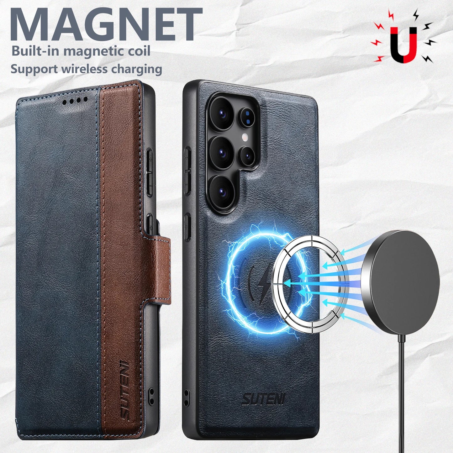 Magnetic Flip Wallet Case with Card Holder & Stand for Samsung Galaxy S26 Ultra / S25 / S24 / S23 – Faux Leather Wireless Charging Cover