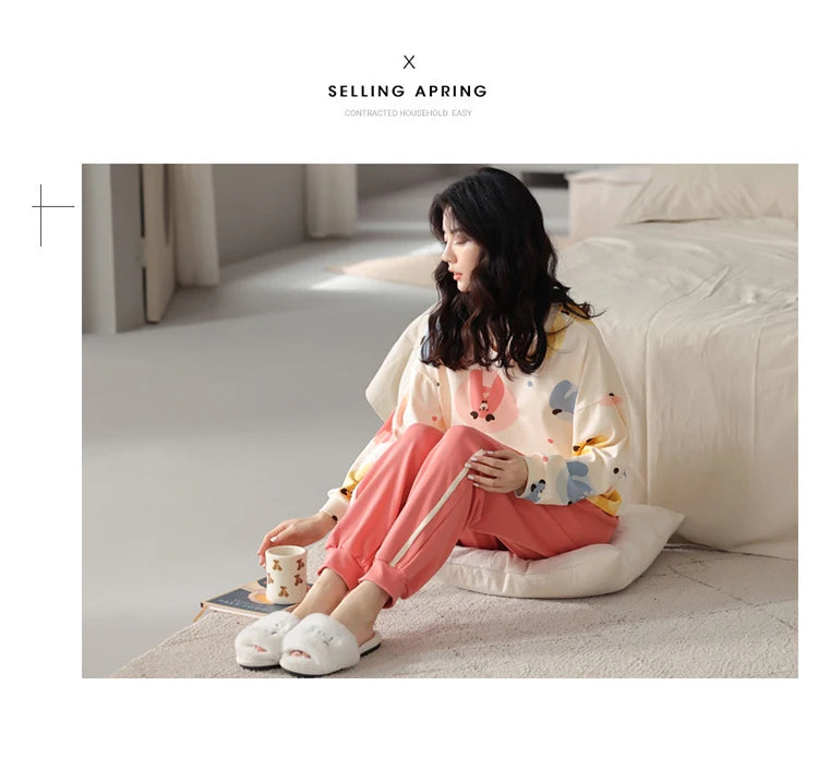 Women’s Cute Lazy Style Cotton Pajama Set – Soft, Loose Long Sleeves & Pants