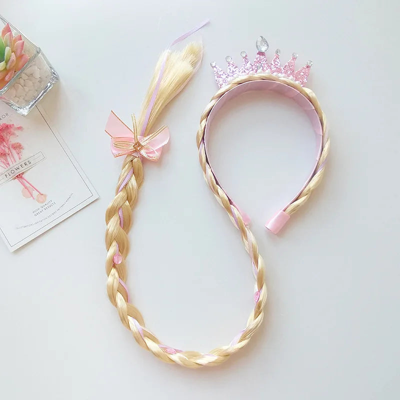 Girls Pink Blue Purple Flower Weaving Braid Headband  Princess Dress Up Hair Accessories Aurora Elsa Sofia Rapunzel Wig