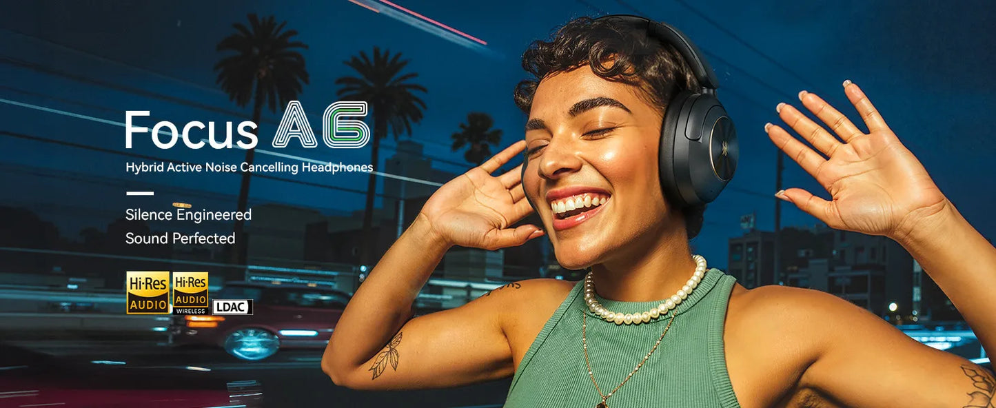 A6 ANC Wireless Bluetooth 6.0 Headphones -48dB Hybrid Active Noise Cancelling Over Ear Headset With Mic Hi-Res LDAC APP