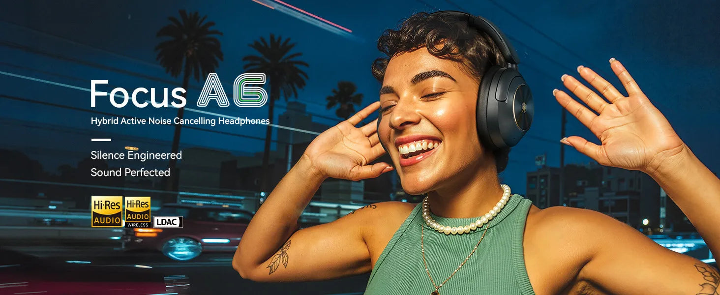 A6 ANC Wireless Bluetooth 6.0 Headphones -48dB Hybrid Active Noise Cancelling Over Ear Headset With Mic Hi-Res LDAC APP