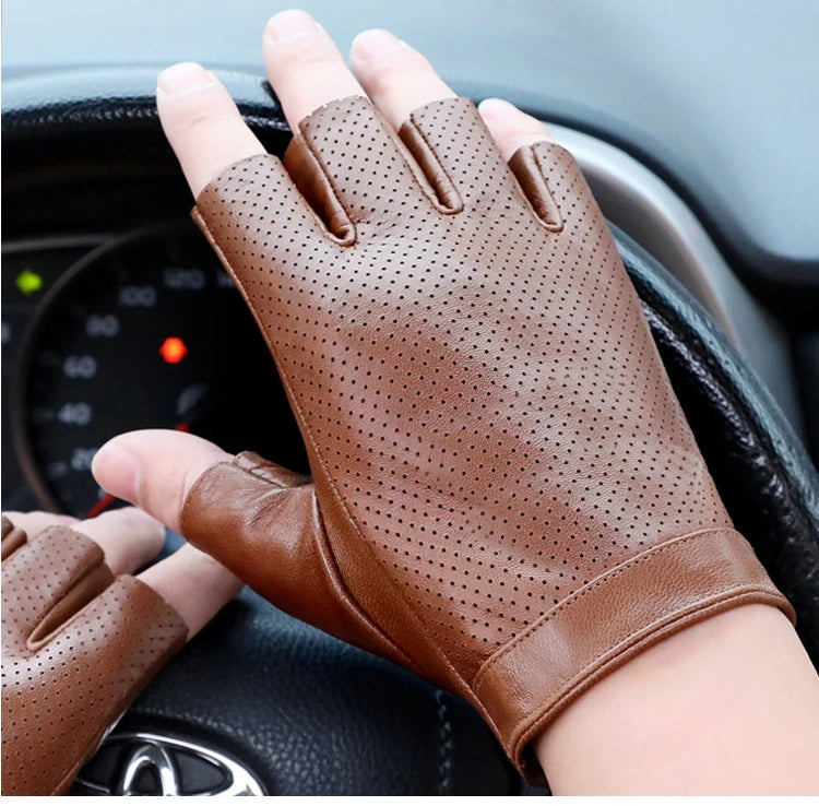 Mens Sheepskin Half Finger Gloves For Fitness Driving High Quality Genuine Leather Gloves Fingerless Brown Driver Sports Motorcy