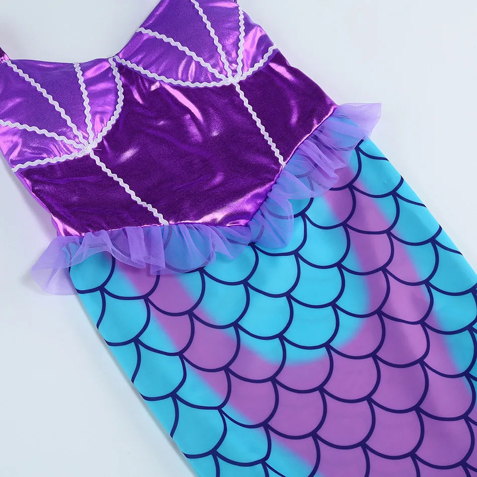 New Blue Red Purple Three Colors Mermaid Flying Sleeve Fishtail Beautiful Dress For Girl Summer Beach Party Cool Gown