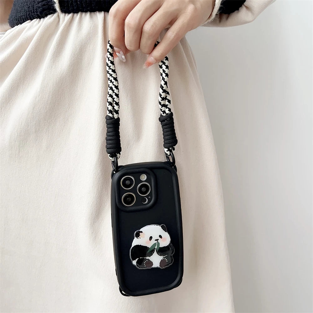 Cute 3D Cartoon Panda Grip Holder Lanyard Phone Case For iPhone 15 14 13 Pro Max Strap Lens Protection Silicon Soft Cover