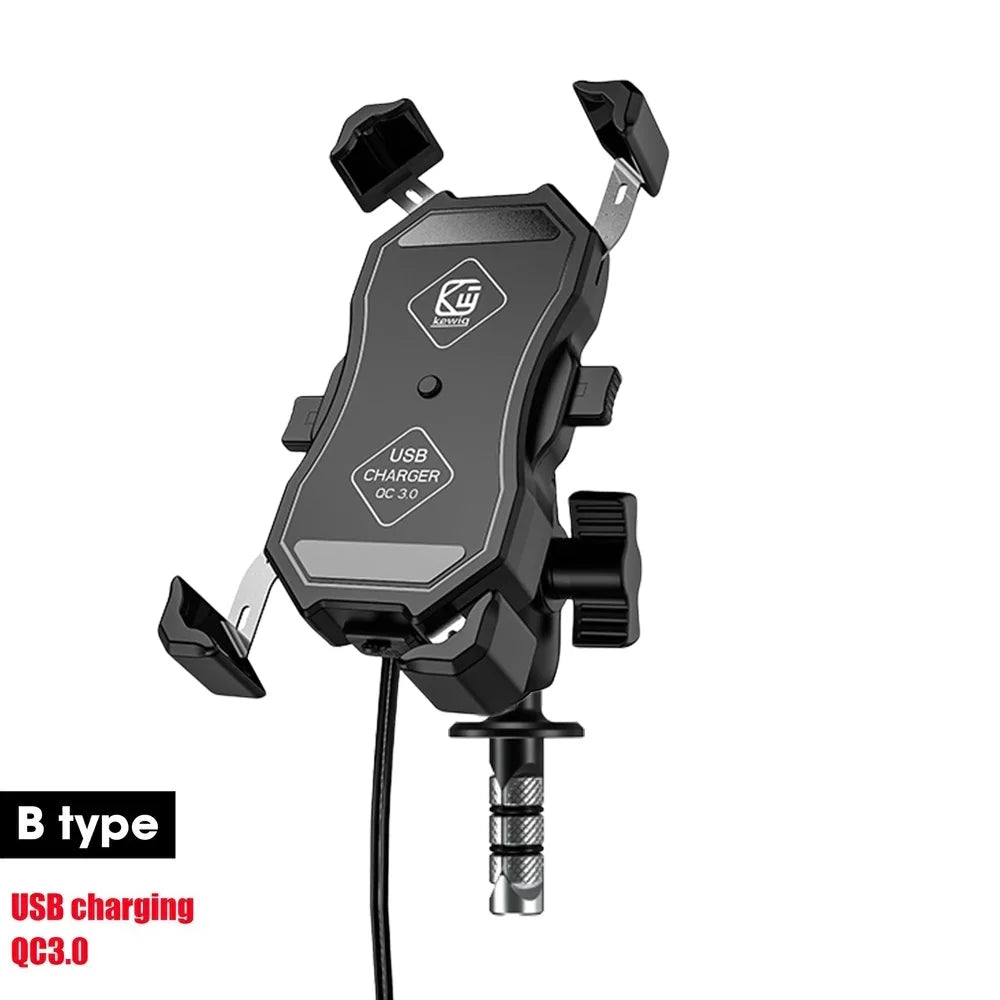 Motorcycle Fork Stem Wireless Charger 15W Qi/USB Quick Charge Phone Holder Handlebar Mirror Mount with 1" Ball for 3.5"-6.8"
