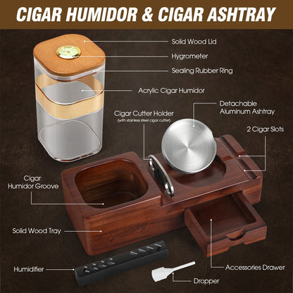 Cigar Humidor Cigar Ashtray Set Wooden Cigar Accessories Cigar Cutter Cigar Jar With Hygrometer Humidifier Cigar