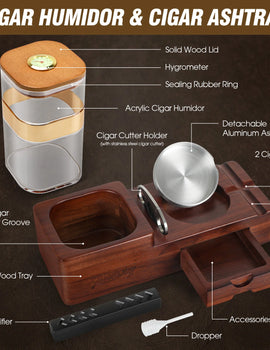 Cigar Humidor Cigar Ashtray Set Wooden Cigar Accessories Cigar Cutter Cigar Jar With Hygrometer Humidifier Cigar