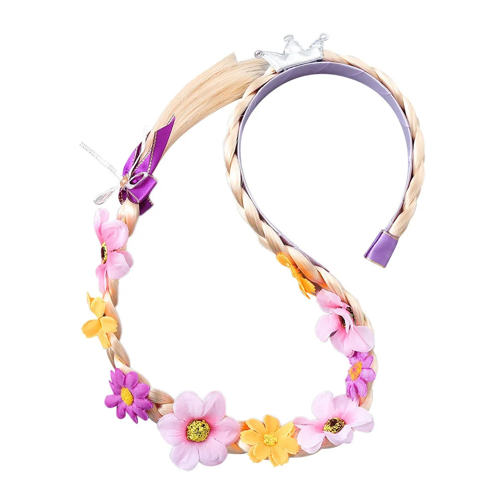 Girls Pink Blue Purple Flower Weaving Braid Headband Kids Princess Dress Up Hair Accessories Aurora Elsa Sofia Rapunzel Wig