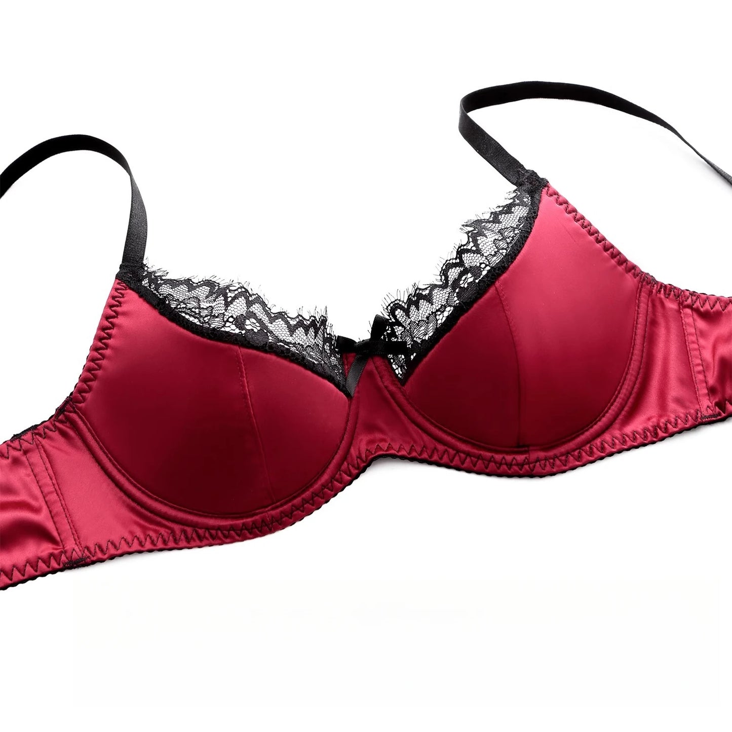 Womens Satin Patchwork Lace Underwire Push Up Bra Set
