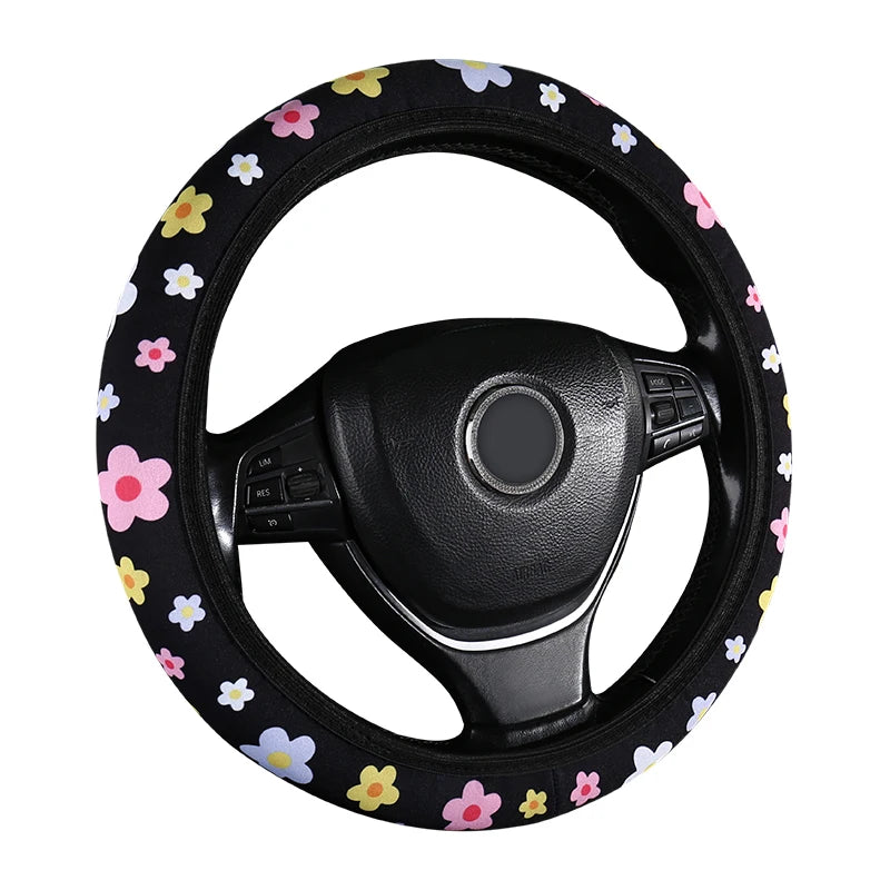 Floral Flannelette Car Steering Wheel Cover Anti Slip 38CM