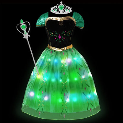 2-10Y Led Light Frozen Anna Princess Dress Girl Fancy Christmas New Year Birthday Carnival Party Gown 2024 Children Led Clothing