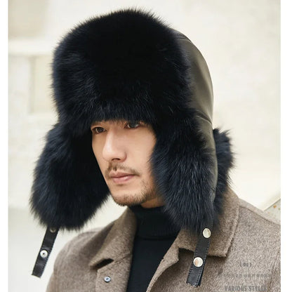 Fox Fur Cap Man Winter Genuine 100% Fur Bomber Hat Windproof Warm Earmuffs Male Flat Grey/Black Russian Hat Fitted Casquette