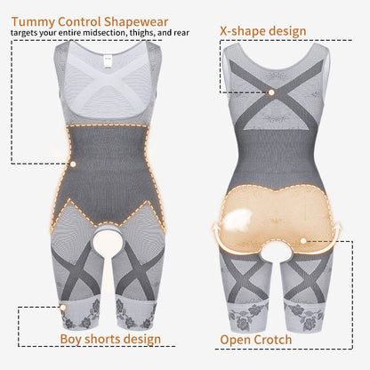 Women Bodysuit Shaperwear Waist Trainer Slimming Under bust Open Crotch Tummy Control Full Body Shaper