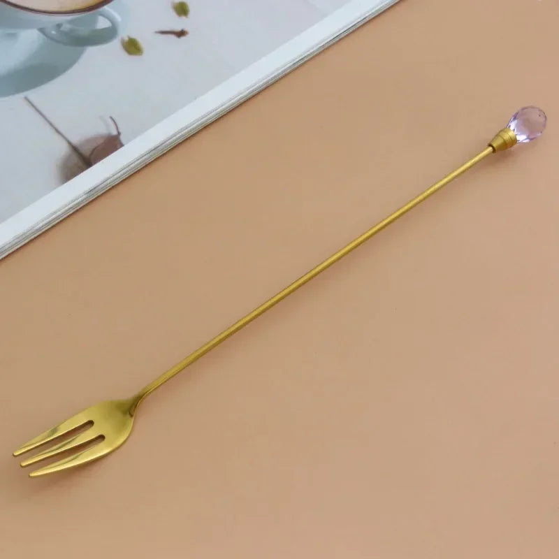 Stainless Steel Diamond Coffee Spoon and Fork Set Creative Crystal Long Handle, Perfect for Desserts, Ice Cream, Cake, and Fruit