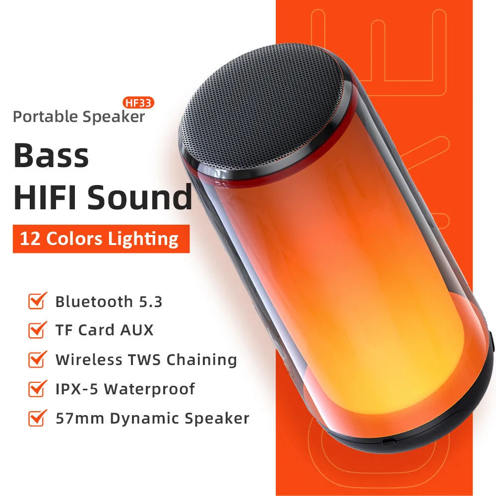 HF33 Mini Portable Wireless Speaker Outdoor Subwoofer with 360 Led HiFi Sound Quality Camping Bass Speaker Supports TWS/TF/AUX