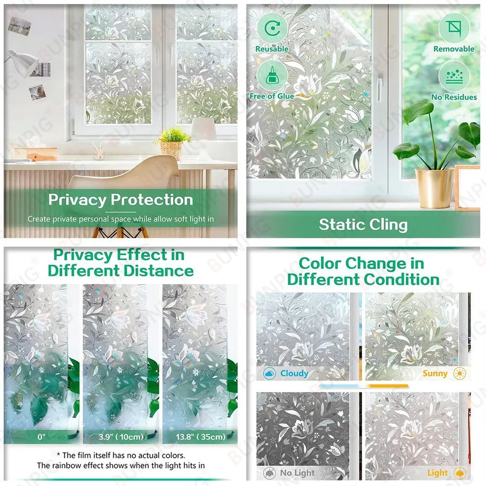 Wide 75/90 Cm Heat Control Rainbow Window Vinyl Security Window Tint Sun Protection Film Non Adhesive Stickers Stained Glass