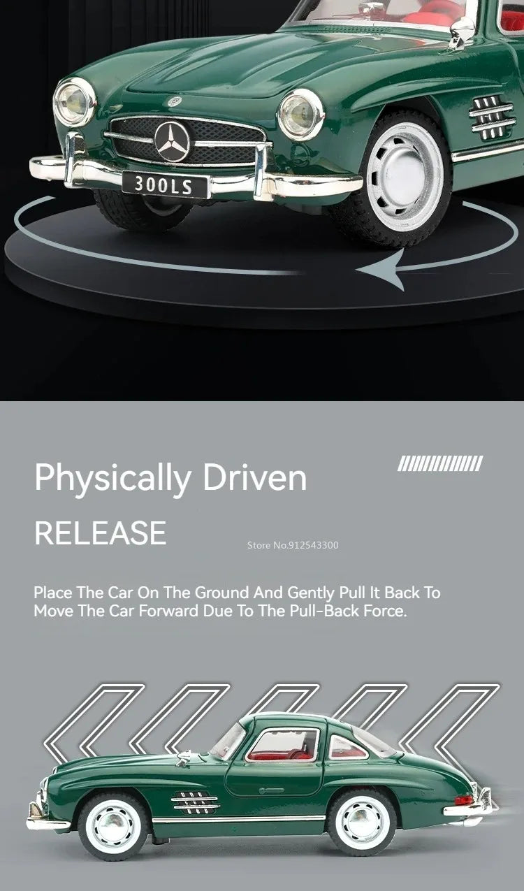 1:32 500K 300SL Vintage Car Model Toy Shock Absorption Alloy Diecast Vehicle Models Sound Light Pull Back Collection Gifts
