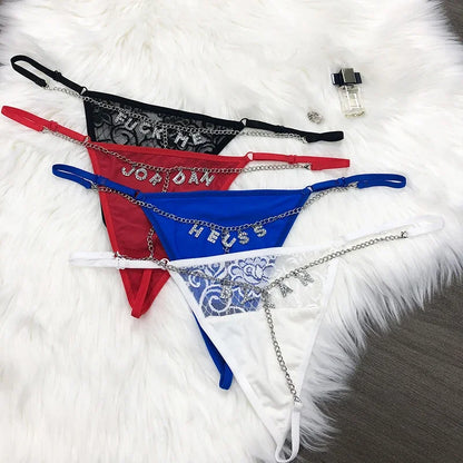 Customized Crystal Letters Name Thong Waist Chain Women Personalized Lace Underwear Bikini G-String Jewelry Gift Briefs