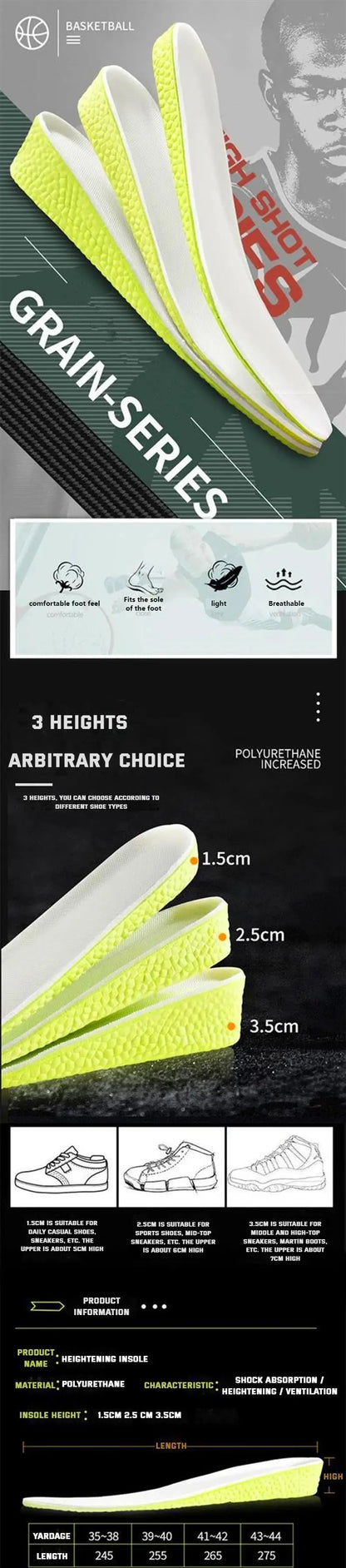 1Pair Shock Absorption Sports Insole for Feet Height Increase Templates Men Women Shoes Insoles 1.5cm/2.5cm/3.5cm Growing Sole