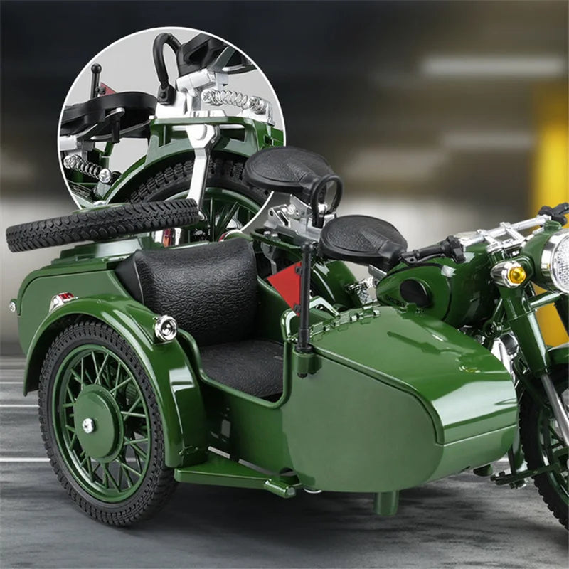 1/10 Alloy Retro Tricycle Side-car Motorcycle Model Diecast Metal Classic Military Motorcycle Model Sound and Light Toy Gift