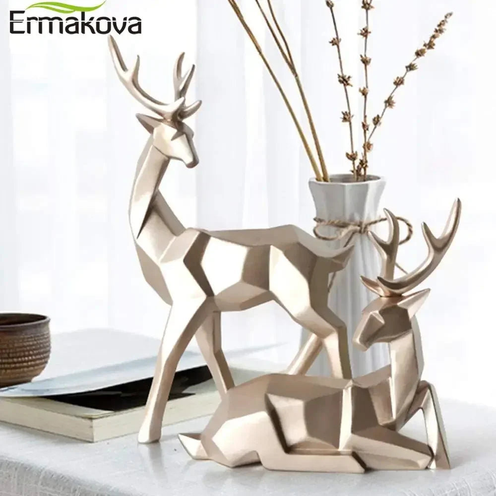 A Couple of 2Pcs Deer Statue Modern Geometric Sculpture Desktop Ornament Figurine Wine Cabinet Cafe TV Showcase Decor