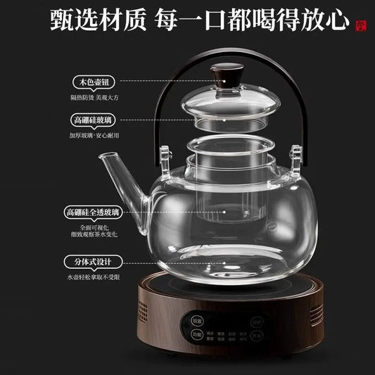 Heat Resistant Glass Tea Kettle with Filter Bamboo Handle Flower Tea Pot 1L