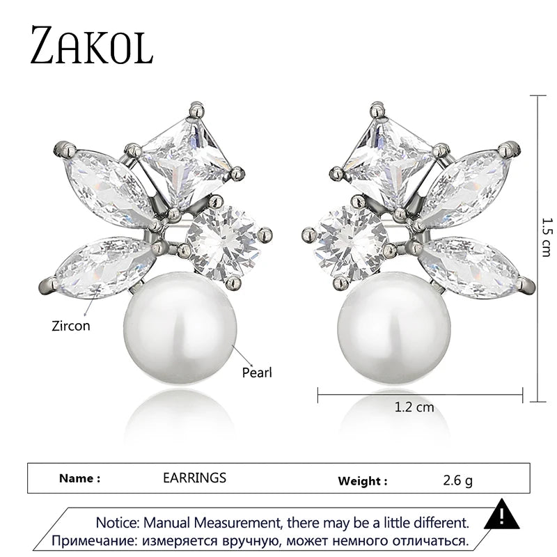 Green Leaf Shape Pearl Stud Earrings for Women Cute Round Marquise Zircon Earring