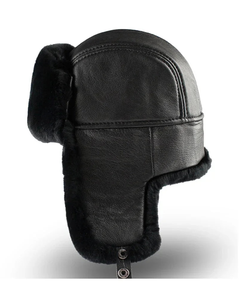 Outdoor Winter Warm Ear Protection Bomber Hat Man Genuine Leather Faux Fur Military Cap Inside Black Brown 55-60cm  Gorras