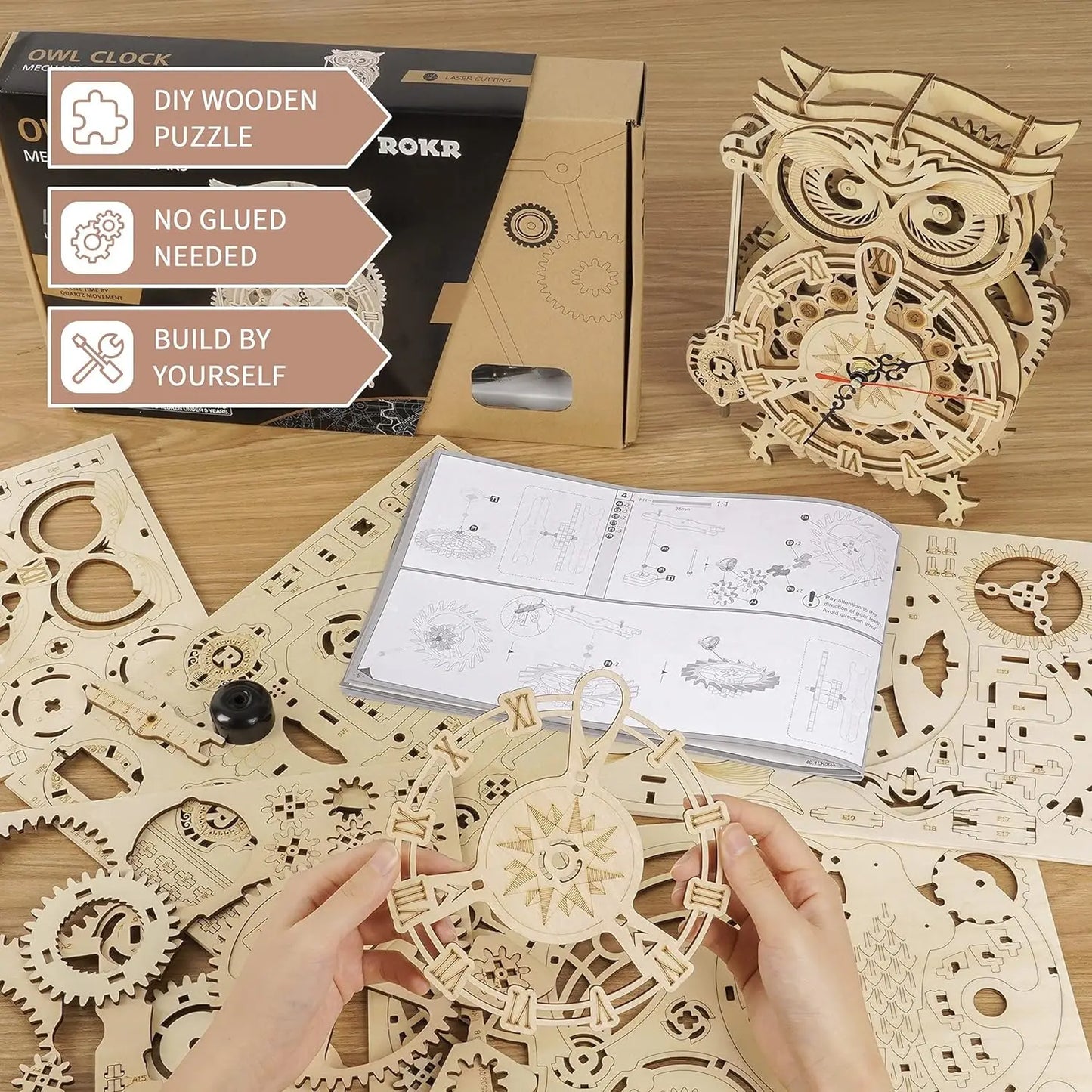 3D Wooden Puzzle Owl Clock Model Building Kit Toys